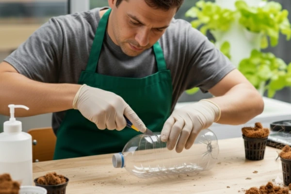 una botella de plástico siendo cortada.