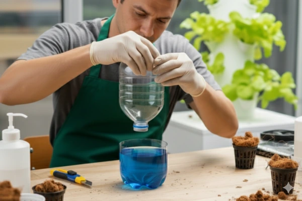 botella ensamblada formando la maceta.