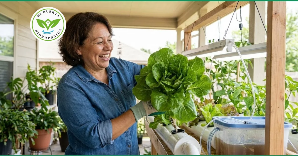 Una persona sonriendo mientras cosecha lechugas frescas de su sistema hidropónico casero.