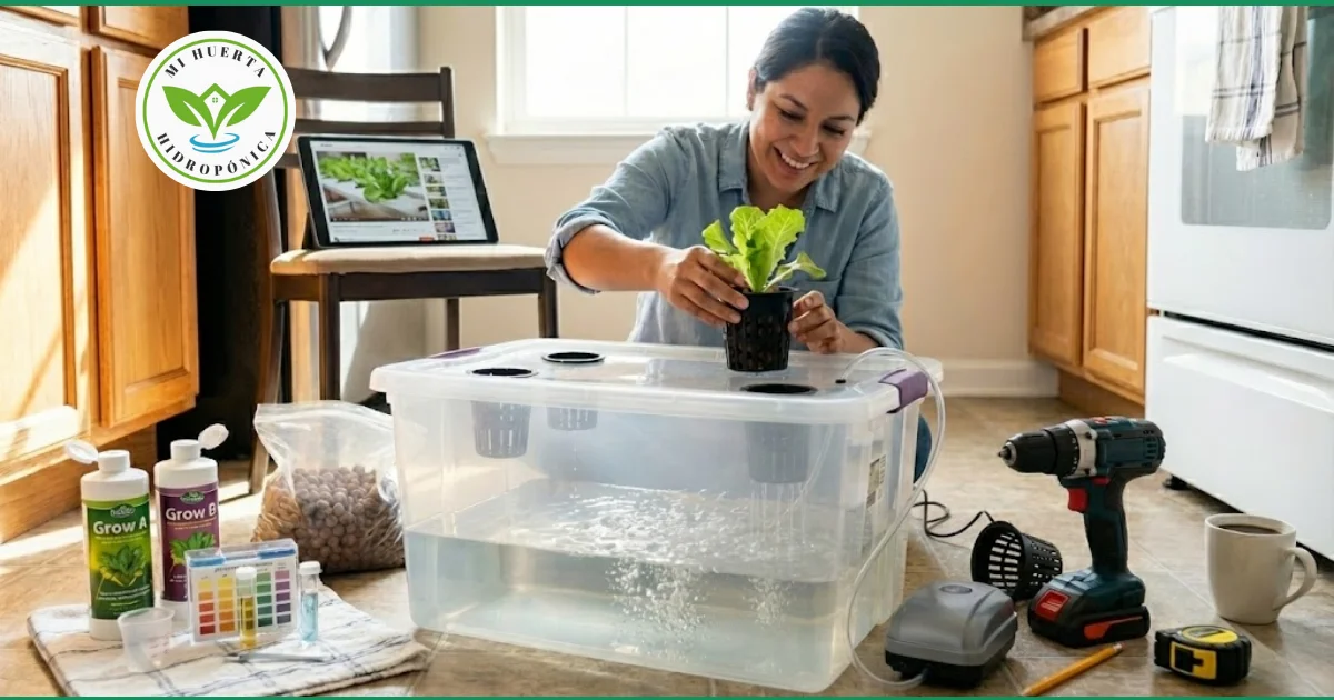 Una persona ensamblando un sistema hidropónico casero con un contenedor de plástico y vasos de rejilla.