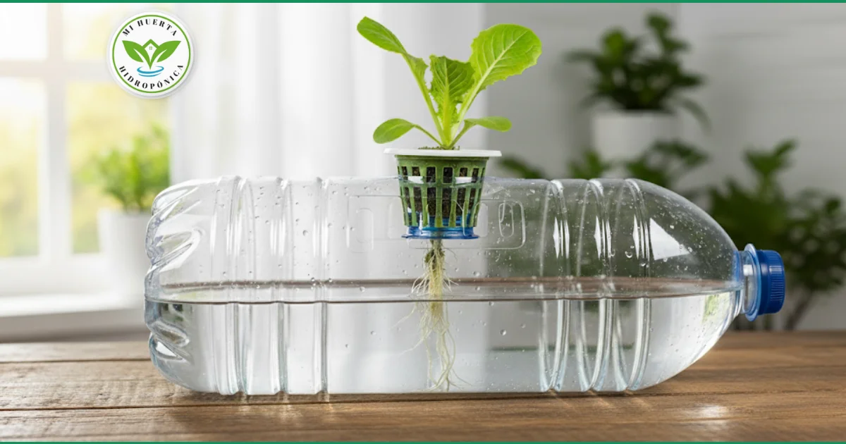 Un sistema hidropónico casero hecho con una botella de plástico PET, mostrando una pequeña planta de lechuga creciendo.