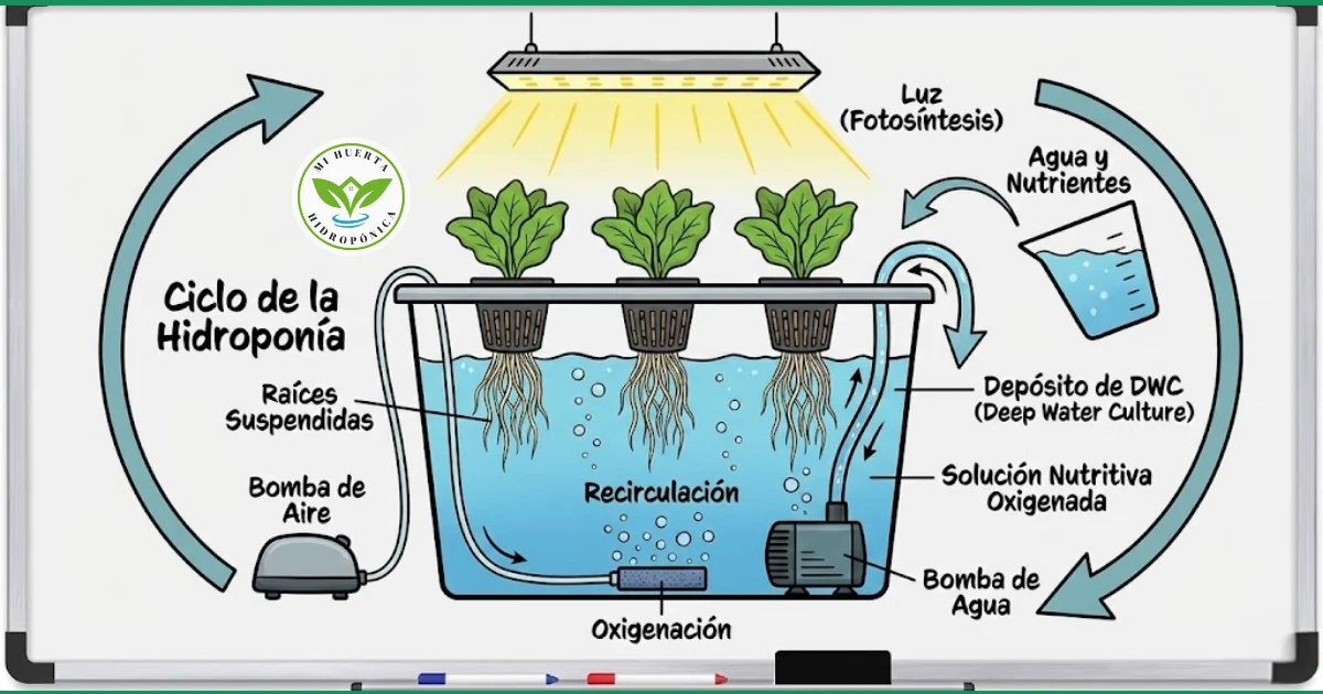 Diagrama explicando el ciclo de la hidroponía con raíces suspendidas en agua y nutrientes.