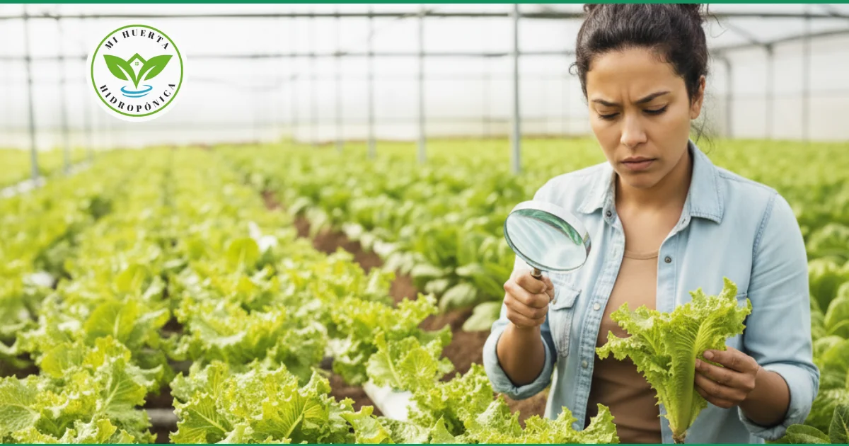 Una persona con una lupa examinando una hoja de lechuga con manchas amarillas.