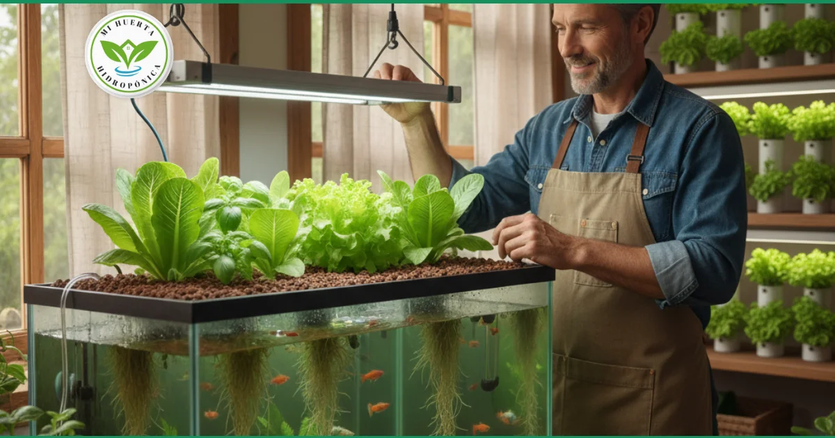 Ejemplo de hidroponía orgánica: un sistema de acuaponía con peces en un tanque y plantas de lechuga creciendo en la parte superior.