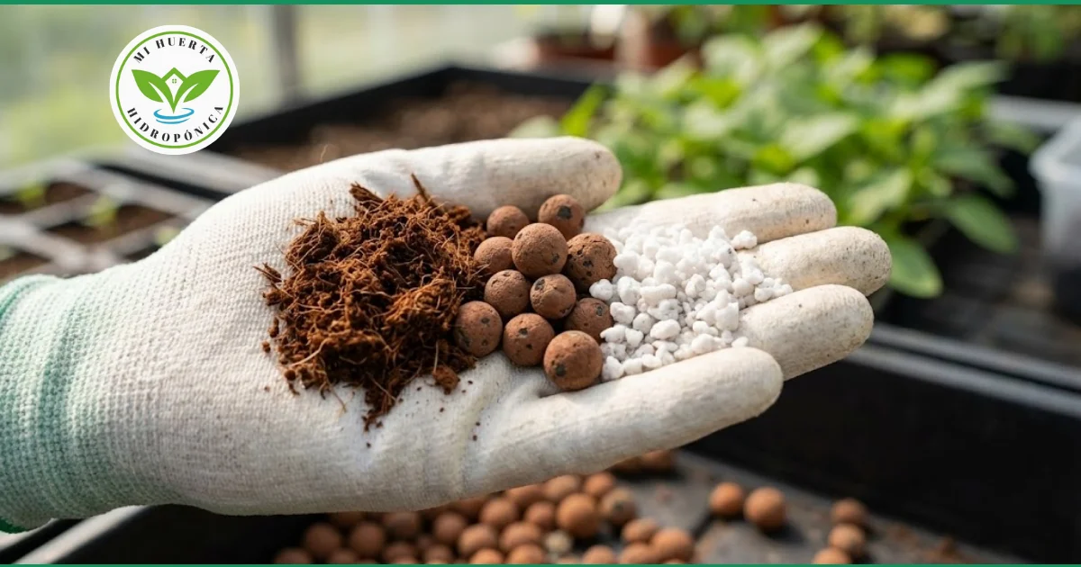 Una mano sosteniendo diferentes tipos de sustratos hidropónicos: fibra de coco, arlita y perlita.
