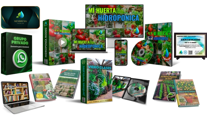 Maqueta del curso completo Mi Huerta Hidropónica en laptop, tablet y smartphone.