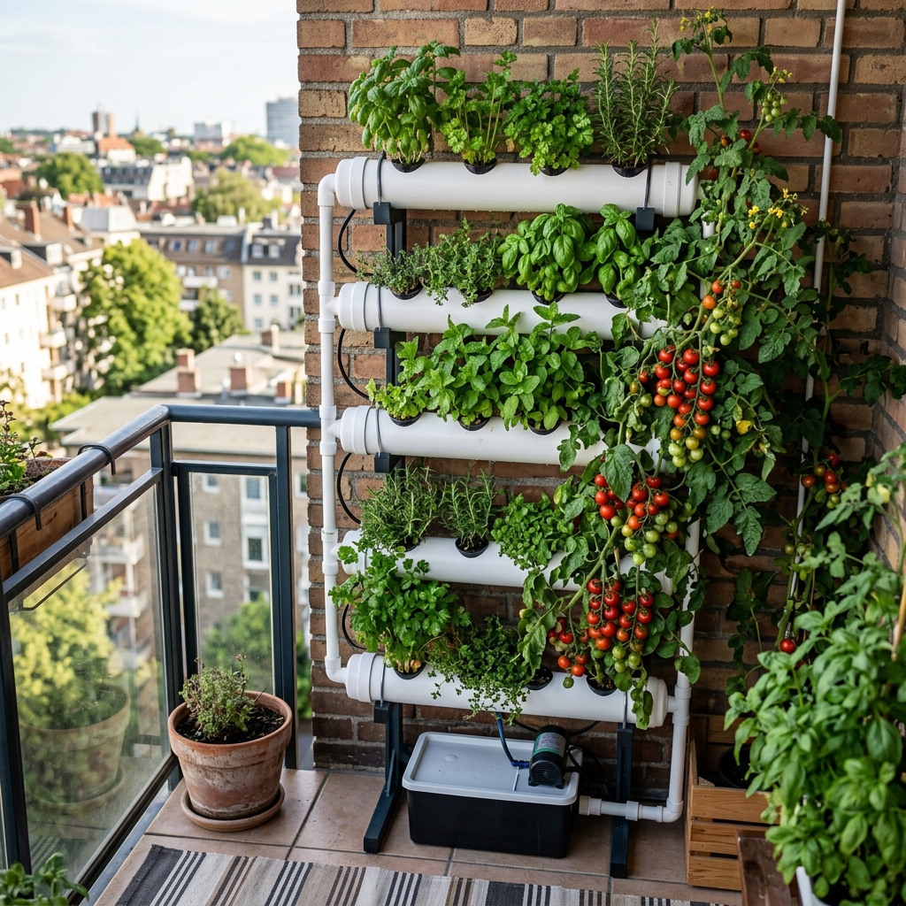 Sistema hidroponico vertical con tomates cherry y hierbas aromaticas en el balcon de un apartamento.