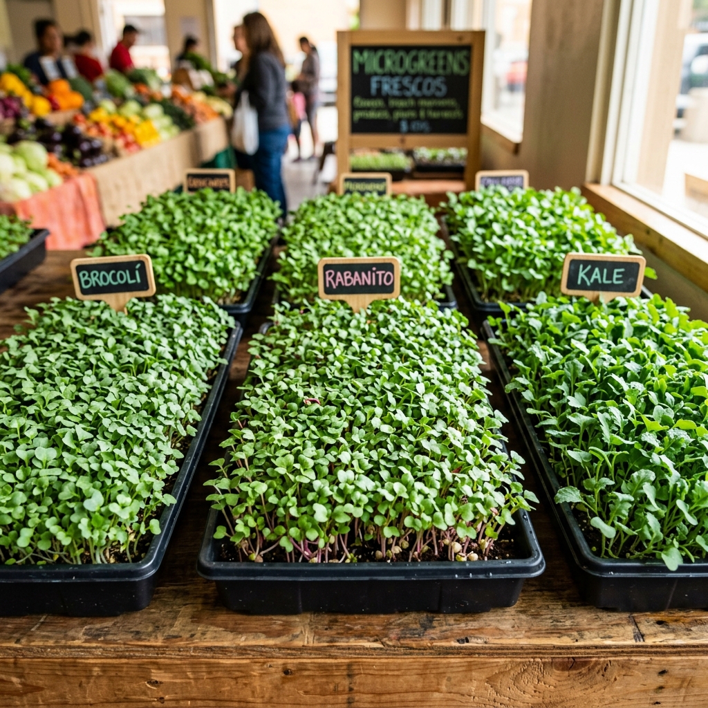 Bandejas de microgreens listos para ser cosechados y vendidos.